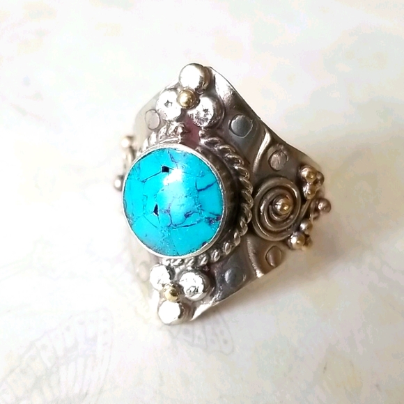 Southwestern Boho Tribal Turquoise Hand Crafted Adjustable Band Ring - Picture 14 of 16